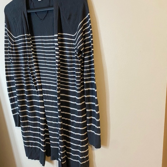 LOFT Gray and White Striped open front Cardigan Ramie blend - Picture 2 of 9